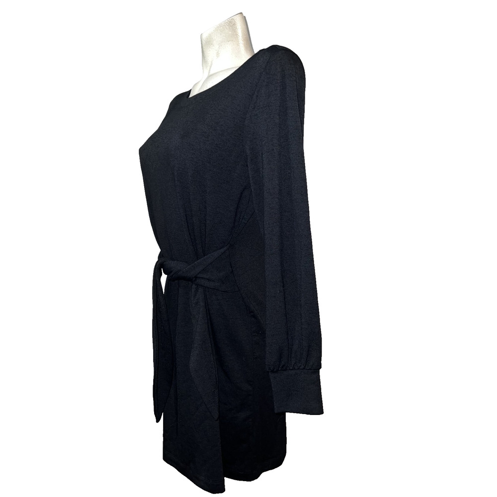 LOFT Women's Size M Solid Black Stretch Knit LS Tie Waist Dress Work Fancy - Picture 3 of 5